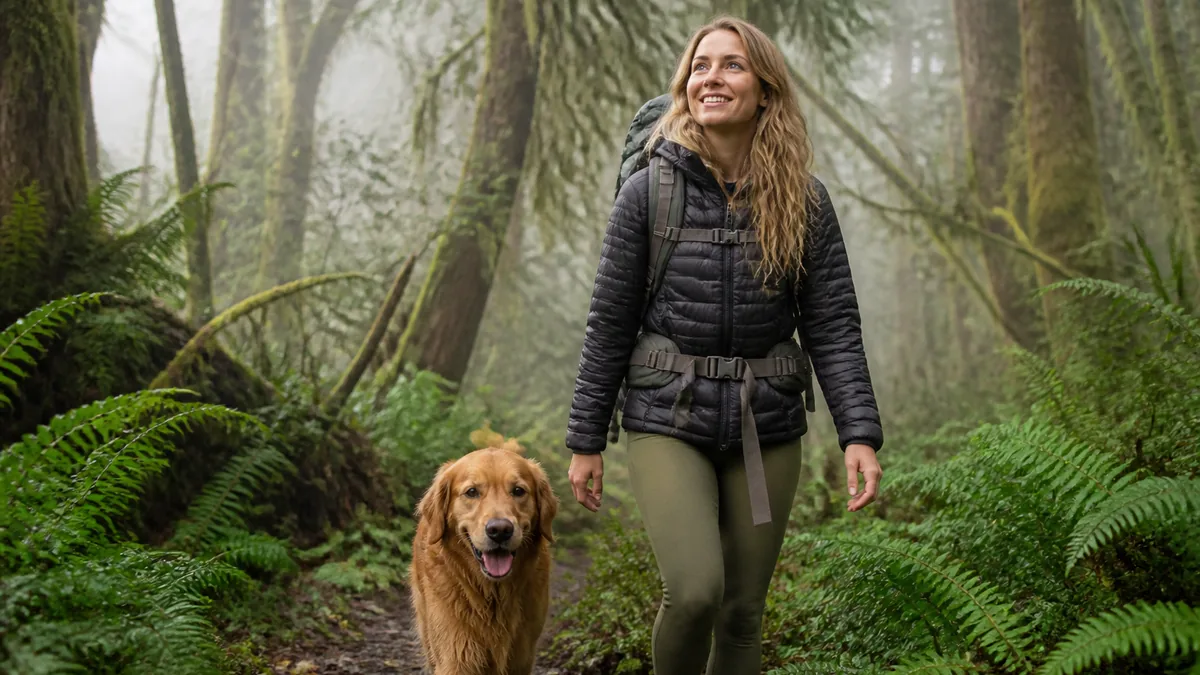 Harper Ellis hiking with her golden retriever Finn through a misty forest trail