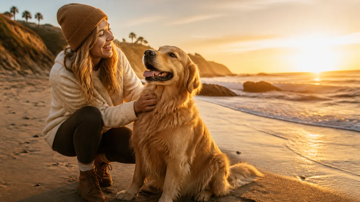 Harper Ellis and golden retriever Finn playing on a sunset beach by the ocean
