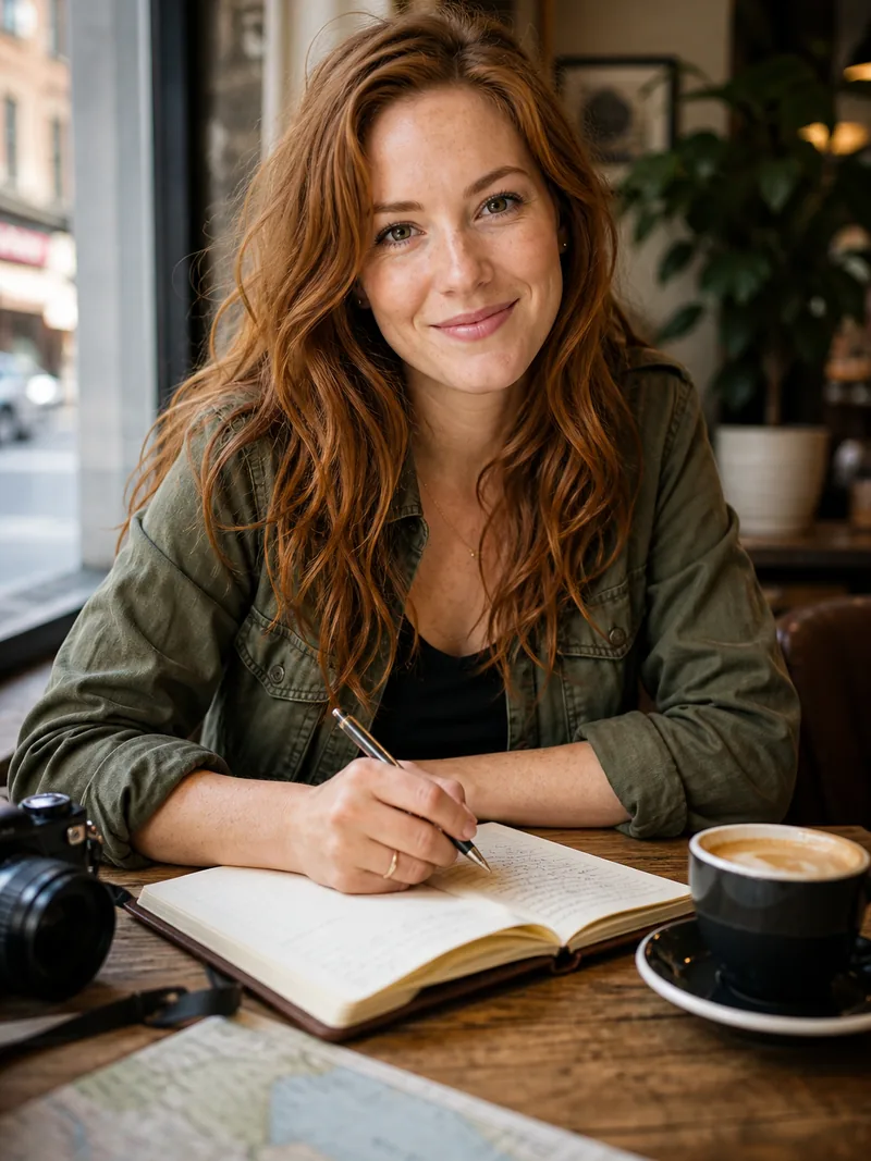 Harper Ellis, travel writer, smiling with a notebook in a cafe
