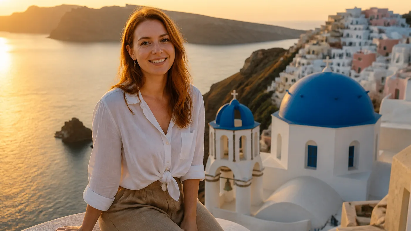 Harper Ellis watching sunset over the caldera in Santorini, Greece