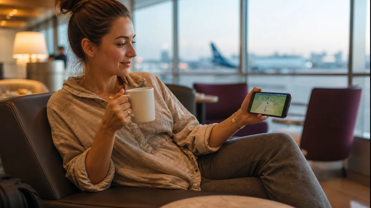 Harper Ellis watching a live sports match on her phone while traveling