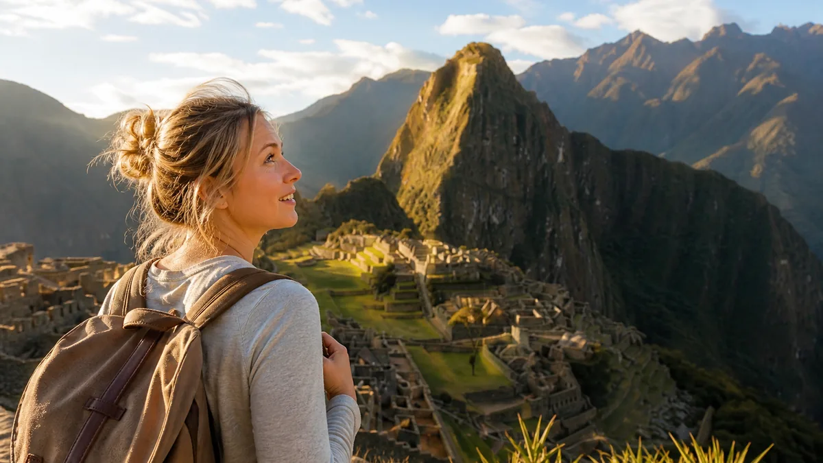 Harper Ellis standing above the ruins of Machu Picchu in Peru at sunrise