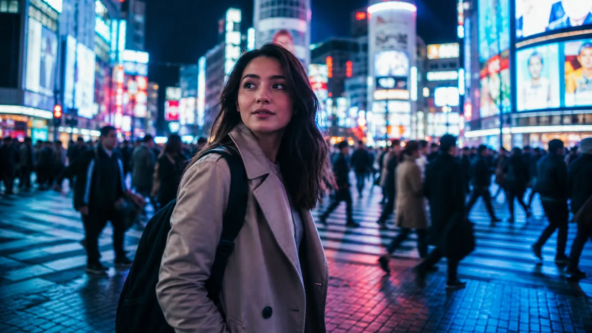 Harper Ellis crossing the neon-lit streets of Tokyo at night