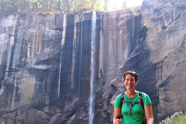 Pausing for a quick rest and a photo op in front of Vernal Falls.