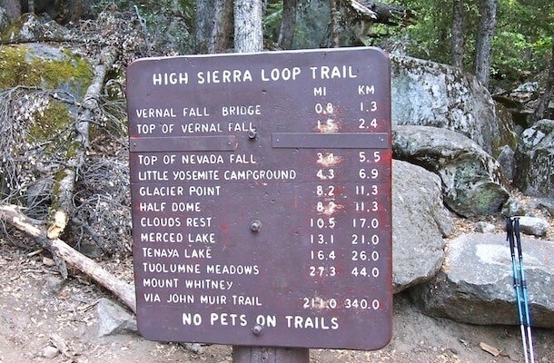 The sign at the trailhead. Only 8.2 miles to the top of Half Dome